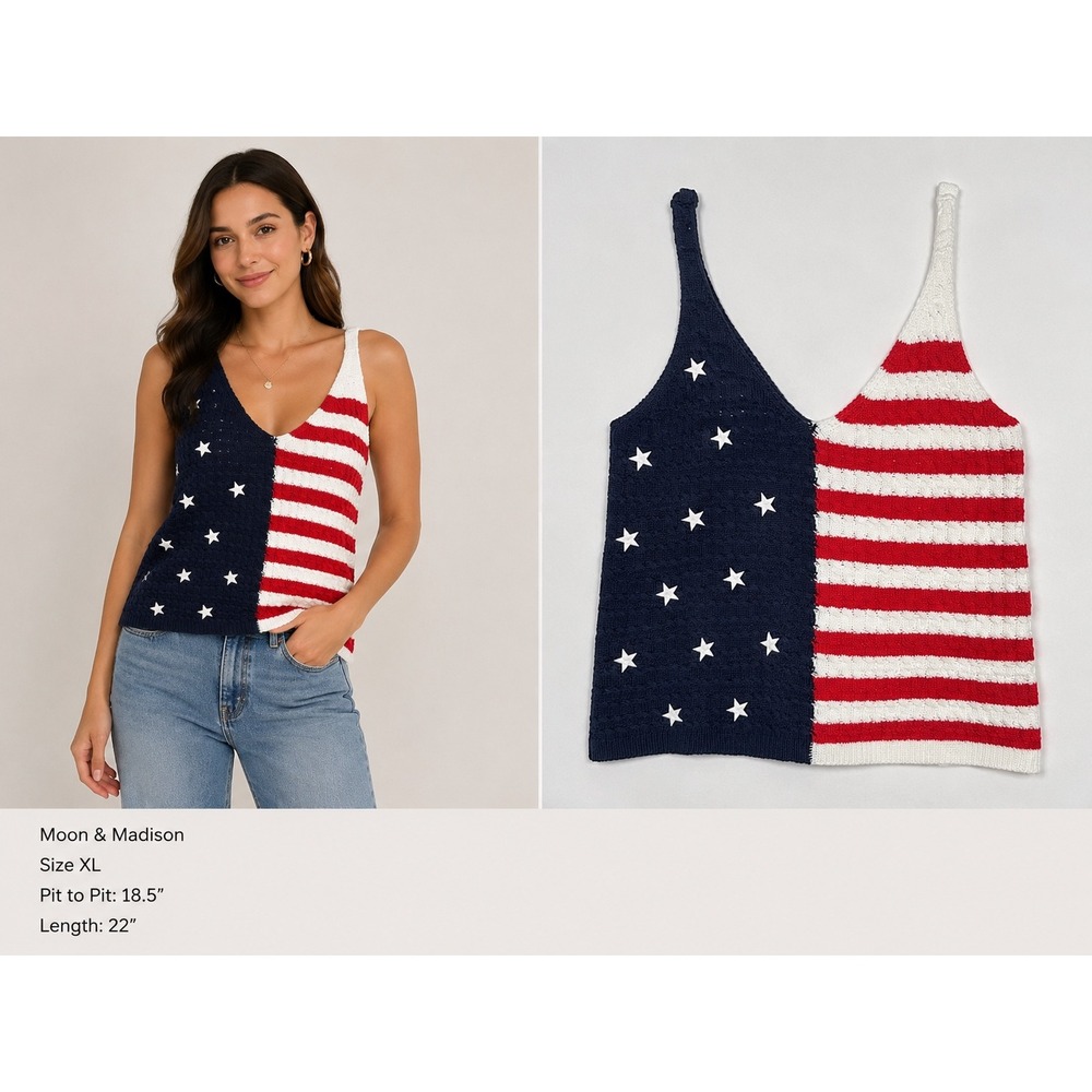 Moon & Madison American Flag Knit Tank Top XL Patriotic Stars Stripes ST19B550